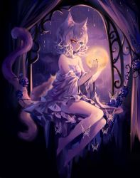 Rule 34 | 1girl, absurdres, animal ears, artist name, bare legs, bare shoulders, barefoot, blue eyes, cat ears, cat tail, curtains, dress, flower, heterochromia, highres, holding, night, night sky, off-shoulder dress, off shoulder, original, parted lips, purple dress, purple flower, purple rose, rose, sheya, short dress, short hair, signature, silver hair, sitting, sky, solo, tail, yellow eyes