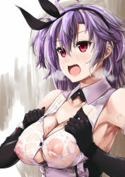 Rule 34 | 1boy, 1girl, azur lane, black bow, black gloves, blush, bow, breasts, breasts squeezed together, breath, collarbone, elbow gloves, fang, female pubic hair, frills, gloves, hair between eyes, hair bow, hairband, highres, kent (azur lane), large breasts, military, military uniform, morimoto kiyona, nipples, open mouth, pubic hair, purple eyes, purple hair, see-through, shirt, sidelocks, sleeveless, smile, solo, tsurime, uniform, upper body, vest, wet, wet clothes, wet shirt