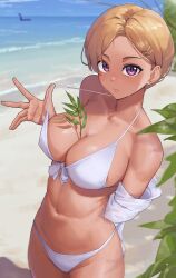 Rule 34 | 1girl, absurdres, between breasts, bikini, blonde hair, blue sky, breasts, cloud, collared shirt, commentary, day, dress shirt, front-tie bikini top, front-tie top, highres, large breasts, loch ness monster, mori makoto, original, outdoors, parted bangs, purple eyes, shirt, short hair, sky, solo, swimsuit, when you see it, white bikini, white shirt