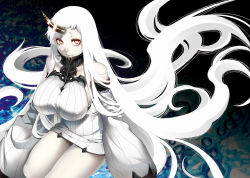 Rule 34 | 10s, 1girl, absurdly long hair, abyssal ship, bare shoulders, breasts, claws, detached sleeves, dress, hiyoshi hana, horns, kantai collection, large breasts, long hair, looking at viewer, pale skin, red eyes, ribbed dress, seaport princess, short dress, single horn, solo, thighs, very long hair, white hair