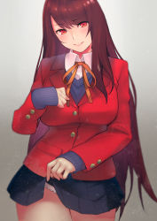 Rule 34 | 1girl, absurdres, blazer, blue skirt, blue sweater, blurry, breast pocket, breasts, brown hair, clothes lift, collared shirt, cowboy shot, depth of field, highres, jacket, kujuu shikuro, large breasts, lifting own clothes, long hair, looking at viewer, original, panties, parted lips, pleated skirt, pocket, red eyes, school uniform, shirt, skirt, skirt lift, sleeves past wrists, smile, solo, sweater, swept bangs, thighs, underwear, white panties, white shirt