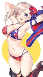 Rule 34 | 1girl, ;d, american flag bikini, armpits, arms up, bare arms, bare shoulders, bikini, blue eyes, blush, boots, breasts, brown footwear, bun cover, cleavage, collarbone, commentary request, cowboy shot, fate/grand order, fate (series), flag print, groin, halterneck, high heel boots, high heels, highleg, highleg bikini, highres, large breasts, leg up, looking at viewer, miyamoto musashi (fate), miyamoto musashi (fate/grand order), miyamoto musashi (swimsuit berserker) (fate), miyamoto musashi (swimsuit berserker) (second ascension) (fate), navel, one eye closed, open mouth, shrug (clothing), silver hair, sino (sionori), skindentation, smile, solo, star (symbol), star print, striped bikini, striped clothes, sweat, swimsuit, thigh strap, thighhighs, unworn clothes, white background
