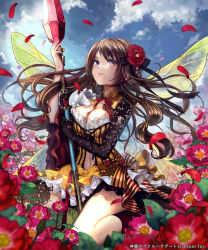 Rule 34 | 1girl, asymmetrical clothes, breasts, brown hair, cleavage, cloud, female focus, flower, hair flower, hair ornament, highres, insect wings, large breasts, lips, long hair, looking at viewer, mole, navel, official art, petals, pisuke, polearm, purple eyes, shingoku no valhalla gate, skirt, sky, solo, spear, weapon, wings