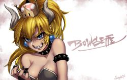 Rule 34 | 1girl, armlet, bare shoulders, black collar, black nails, bowsette, breasts, bridal gauntlets, character name, cleavage, collar, crown, earrings, fangs, fingernails, grin, hair between eyes, hand up, highres, horns, jewelry, long hair, mario (series), medium breasts, nail polish, new super mario bros. u deluxe, nintendo, pointy ears, ponytail, princess, sharp fingernails, smile, solo, spiked armlet, spiked collar, spikes, strapless, super crown, takahashi umori, twitter username, upper body, v-shaped eyebrows