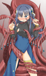 Rule 34 | 1girl, ass, blue eyes, blue hair, blush, breasts, clothed sex, dress, fingerless gloves, gloves, gradient hair, hair ornament, highres, legs, long hair, lying, magia record: mahou shoujo madoka magica gaiden, mahou shoujo madoka magica, multicolored hair, nanami yachiyo, nipples, no panties, on back, one breast out, one eye closed, pelvic curtain, pussy, side slit, staff, tentacle sex, tentacles, thigh strap, thighs