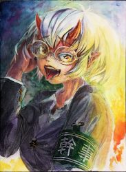 Rule 34 | 1girl, armband, blazer, breasts, brown hair, collared shirt, colored pencil (medium), commentary request, glasses, grey jacket, hand in own hair, hexagram, highres, horns, jacket, long sleeves, looking at viewer, medium breasts, oni, open mouth, original, pin, pointy ears, rimless eyewear, round eyewear, safety pin, shirt, short hair, solo, tongue, tongue out, traditional media, upper body, white shirt, yukiman