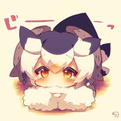 Rule 34 | 10s, 1girl, black hair, blush, brown eyes, chibi, commentary request, fur collar, hair between eyes, head wings, kemono friends, looking at viewer, lying, multicolored hair, muuran, northern white-faced owl (kemono friends), on stomach, orange hair, signature, solo, tears, white hair, wings