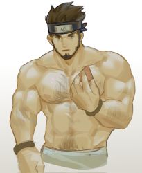 Rule 34 | 1boy, abs, amaimochi, bara, beard, black hair, commentary, facial hair, forehead protector, highres, konohagakure symbol, large pectorals, looking at viewer, male focus, mature male, muscular, muscular male, naruto (series), navel, nipples, open mouth, pectorals, sarutobi asuma, short hair, solo, topless male