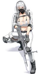Rule 34 | 1girl, body armor, body piercings, breasts, gun, halcon, headgear, highres, large breasts, machine gun, mask, mole, mole on breast, mouth mask, navel, original, red eyes, see-through, short hair, simple background, solo, thong, weapon, white background, white hair, white legwear