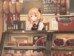 Rule 34 | 1girl, absurdres, black vest, blonde hair, bottle, calendar (object), food, hair ribbon, hand on own chin, hanging food, highres, knife, looking at viewer, meat, mikado (winters), red eyes, red neckwear, red ribbon, ribbon, rumia, sausage, shirt, short hair, smile, solo, touhou, vest, weighing scale, white shirt