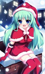 Rule 34 | 1girl, :d, bad id, bad pixiv id, blue eyes, capelet, chimney, fur trim, gloves, green hair, highres, long hair, looking at viewer, open mouth, original, pom pom (clothes), raiou, red thighhighs, santa costume, sitting, smile, snow, snowing, solo, tareme, thighhighs, very long hair, zettai ryouiki