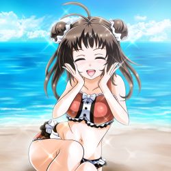 Rule 34 | 10s, 1girl, adapted costume, antenna hair, beach, blue sky, blush, brown hair, cloud, collarbone, commentary request, day, double bun, closed eyes, facing viewer, hands on own face, highres, kantai collection, naka (kancolle), open mouth, outdoors, sitting, sky, smile, solo, sparkle, tk8d32