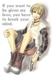 Rule 34 | 1boy, beeject, blonde hair, english text, engrish text, galerians, looking at viewer, lowres, male focus, ranguage, rion (galerians), short hair, shorts, simple background, smile, solo, text focus, white background