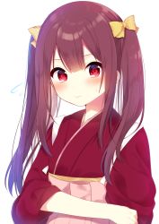 Rule 34 | 10s, 1girl, alternate hairstyle, bad id, bad pixiv id, blush, bow, closed mouth, flat chest, flying sweatdrops, hair bow, hakama, hakama skirt, highres, japanese clothes, kamikaze (kancolle), kantai collection, kimono, long hair, long sleeves, looking at viewer, mafuyu (chibi21), nervous, pink hakama, purple hair, red eyes, sidelocks, simple background, skirt, solo, sweat, tasuki, twintails, twintails day, upper body, white background, wide sleeves, yellow bow