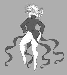 Rule 34 | 1girl, ass, black dress, breasts, curly hair, dress, huge ass, looking at viewer, looking back, monochrome, one-punch man, simple background, small breasts, solo, tatsumaki, the golden smurf, thick thighs, thighs