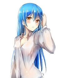 Rule 34 | 10s, 1girl, blouse, blue hair, blush, breasts, cleavage, hand on own head, highres, korezyanai, long hair, looking at viewer, love live!, love live! school idol project, open mouth, shirt, solo, sonoda umi, standing, unbuttoned, upper body, white background, white shirt, yellow eyes