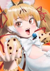 Rule 34 | 1girl, aburaeoyaji, animal costume, animal ear fluff, animal ears, bow, bowtie, breasts, brown eyes, brown hair, cat ears, cat girl, dress, highres, kemono friends, kemono friends v project, large-spotted genet (kemono friends), large breasts, long hair, looking at viewer, microphone, multicolored hair, open mouth, ribbon, shirt, simple background, solo, twintails, virtual youtuber, white hair