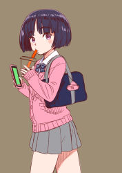 Rule 34 | 1girl, bag, blue bow, blue bowtie, blunt bangs, bob cut, bow, bowtie, brown background, brown theme, bubble tea, cardigan, cellphone, checkered bow, checkered bowtie, checkered clothes, collared shirt, cowboy shot, drinking, from side, girls und panzer, grey skirt, highres, holding, holding phone, long sleeves, looking at viewer, looking to the side, miniskirt, monochrome, phone, pink cardigan, pleated skirt, purple eyes, sabaku chitai, school bag, school uniform, shirt, shoulder bag, skirt, smartphone, solo, sono midoriko, wing collar