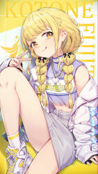 Rule 34 | 1girl, :q, absurdres, arm support, bare legs, blonde hair, blush, braid, chain, chain necklace, character name, commentary, foot out of frame, fujita kotone, gakuen idolmaster, grey skirt, hair ribbon, highres, idolmaster, jacket, jacket partially removed, jewelry, knee up, long hair, looking at viewer, midriff, necklace, ribbon, shennai misha, shoes, sitting, skirt, smile, sneakers, socks, solo, tongue, tongue out, twin braids, w, white jacket, white socks, yellow eyes