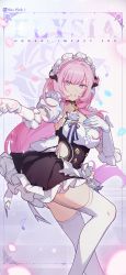 Rule 34 | 1girl, absurdres, artist request, blue eyes, breasts, elbow gloves, elysia (honkai impact), frills, garter belt, gathers, gloves, hand on own chest, highres, honkai (series), honkai impact 3rd, large breasts, long hair, maid headdress, medium breasts, official art, parted lips, pink hair, pointy ears, smile, solo, thighhighs, thighs, white thighhighs, zettai ryouiki