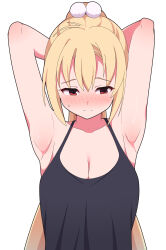 Rule 34 | 1girl, absurdres, arihara nanami, armpits, arms behind head, arms up, black camisole, blonde hair, blush, breasts, camisole, cleavage, closed mouth, collarbone, commentary, embarrassed, frown, full-face blush, hair between eyes, hair ornament, highres, large breasts, long hair, looking to the side, nose blush, pom pom (clothes), pom pom hair ornament, ponytail, presenting armpit, red eyes, riddle joker, simple background, solo, split mouth, straight-on, straight hair, sweat, sweatdrop, symbol-only commentary, upper body, very long hair, white background, zlmh7okwwbmghfo