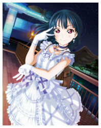 1girl backpack bag black_wings blue_hair cross cross_earrings dress earrings gloves jewelry long_hair looking_at_viewer love_live! love_live!_sunshine!! necklace night official_alternate_costume official_art outdoors pink_eyes smile standing tsushima_yoshiko white_gloves wings