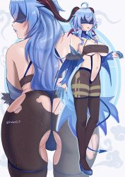 Rule 34 | 1girl, ass, ass grab, bare back, bare shoulders, bell, blue hair, blush, bodystocking, bodysuit, breasts, corruption, dark persona, demon tail, fatui, from behind, ganyu (genshin impact), genshin impact, grabbing own ass, groin, horns, large breasts, looking at viewer, mask, multiple views, navel, neck bell, nipples, purple eyes, skin tight, skindentation, smile, solo, tail, thick thighs, thighlet, thighs, tinnies