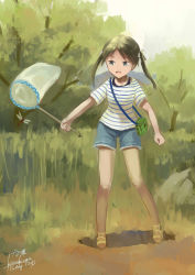 Rule 34 | 1girl, aged down, alternate costume, artist name, black hair, bug, butterfly net, cage, casual, dated, day, dragonfly, francesca lucchini, green eyes, hair ribbon, hand net, highres, insect, kanokoga, net, outdoors, ribbon, shirt, short sleeves, shorts, solo, strike witches, striped clothes, striped shirt, summer, twintails, world witches series