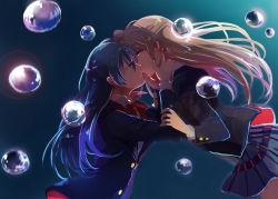 Rule 34 | 10s, 2girls, blazer, blue background, blue hair, blurry, blush, bokeh, bow, bowtie, brown eyes, brown hair, bubble, buttons, closed eyes, closed mouth, collared shirt, couple, depth of field, dress shirt, face-to-face, floating, floating hair, floating object, from side, gradient background, half-closed eyes, hand on another&#039;s arm, hands on another&#039;s face, highres, holding another&#039;s arm, jacket, junjun (kimi-la), kiss, long hair, long sleeves, looking at another, love live!, love live! school idol project, minami kotori, multiple girls, one side up, pleated skirt, profile, red bow, red bowtie, school uniform, shirt, skirt, sonoda umi, upper body, white shirt, yuri