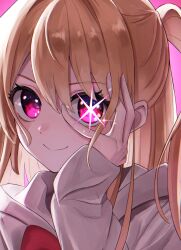 Rule 34 | 1girl, blonde hair, closed mouth, commentary request, hair between eyes, hand on own face, highres, hood, hoodie, hoshino ruby, kazueru, long hair, long sleeves, looking at viewer, mismatched pupils, one side up, oshi no ko, peeking through fingers, pink eyes, portrait, sidelocks, smile, solo, star-shaped pupils, star (symbol), symbol-shaped pupils, white hoodie