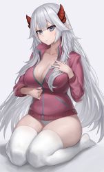 Rule 34 | 1girl, absurdres, blue eyes, breasts, cleavage, collarbone, demon girl, demon horns, female focus, hand on own chest, highres, horns, huge filesize, jacket, joshirah, large breasts, long hair, looking at viewer, panties, parted lips, pointy ears, purple jacket, seiza, silver hair, sitting, solo, thick thighs, thighhighs, thighs, track jacket, underwear, unzipping, vei (vtuber), vei (vtuber) (1st costume), very long hair, virtual youtuber, vshojo, white panties, white thighhighs, zipper, zipper pull tab