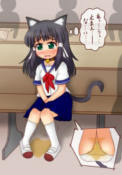 Rule 34 | 1girl, animal ears, ass, bell, between legs, black hair, blue sailor collar, blue skirt, blush, bow, bowtie, cat ears, cat tail, chair, collar, collarbone, crying, embarrassed, female focus, from below, green eyes, hair ribbon, hand between legs, have to pee, inatoto, indoors, japanese text, jingle bell, kneehighs, knees together feet apart, long hair, miniskirt, multiple views, neck bell, nose blush, original, own hands together, panties, paper, peeing, peeing self, pencil, pigeon-toed, pleated skirt, puddle, red neckwear, ribbon, sailor collar, shirt, shoes, short sleeves, silhouette, sitting, skirt, socks, tail, tears, thought bubble, translation request, trembling, underwear, v arms, white footwear, white panties, white ribbon, white shirt, white socks