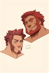 Rule 34 | artist name, bara, beard, blue eyes, blush, brown hair, close-up, couple, facial hair, fate/grand order, fate (series), goatee, highres, iskandar (fate), long sideburns, looking at viewer, male focus, napoleon bonaparte (fate), nyuudles, shiny skin, sideburns, smile, smirk, upper body