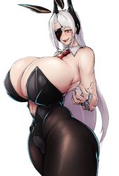 Rule 34 | 1girl, absurdres, bare shoulders, breasts, cleavage, curvy, eyepatch, highres, huge breasts, last origin, lemonade gamma, long hair, open mouth, pantyhose, red eyes, smile, solo, standing, thick thighs, thighs, white background, white hair, zer0.zer0