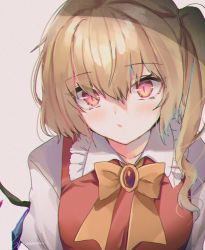Rule 34 | 1girl, :/, alternate breast size, blonde hair, blush, bow, bowtie, brooch, chromatic aberration, closed mouth, collarbone, commentary request, crystal, eyes visible through hair, flandre scarlet, frilled shirt collar, frills, jewelry, looking at viewer, no headwear, one side up, puffy sleeves, red eyes, red vest, shiromoru (yozakura rety), shirt, sidelocks, simple background, slit pupils, solo, touhou, upper body, vest, white shirt, yellow bow, yellow bowtie