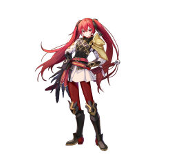 Rule 34 | 1girl, absurdres, armor, boots, fire emblem, fire emblem fates, fire emblem heroes, gambeson, gloves, hair ribbon, highres, long hair, looking at viewer, nintendo, official art, open mouth, red eyes, red hair, ribbon, selena (fire emblem fates), selena (resplendent) (fire emblem fates), solo, sword, twintails, very long hair, weapon, white background