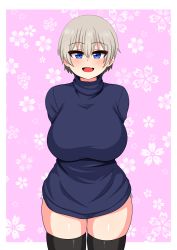 Rule 34 | absurdres, arms behind back, black thighhighs, blue eyes, blue sweater, breasts, fang, flower, grey hair, highres, large breasts, pink background, sweater, the only shoe, thighhighs, turtleneck, turtleneck sweater, uzaki-chan wa asobitai!, uzaki hana