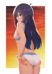Rule 34 | 1girl, adjusting clothes, adjusting swimsuit, ahoge, aqua eyes, ass, backlighting, bare arms, bare shoulders, bikini, border, breasts, closed mouth, cloud, commentary, cowboy shot, evening, fingernails, from behind, gradient sky, hair between eyes, highres, idolmaster, idolmaster million live!, idolmaster million live! theater days, light smile, long hair, looking at viewer, looking to the side, mochizuki anna, orange sky, outside border, profile, purple hair, sailor bikini, sailor collar, sailor swimsuit (idolmaster), side-tie bikini bottom, sky, small breasts, solo, standing, striped bikini, striped clothes, sunset, swimsuit, white bikini, white border, yellow sky, yuukyan (ucan85)