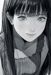 Rule 34 | 1girl, bad id, bad twitter id, blunt bangs, close-up, closed mouth, dress, eye focus, greyscale, highres, leaning forward, long hair, looking at viewer, monochrome, original, portrait, smile, solo, tsunko (9v2 q)