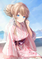 Rule 34 | 1girl, blonde hair, blue eyes, blue sky, blush, character request, copyright request, floral print, hair bun, hand up, indoors, japanese clothes, kagachi saku, kimono, long hair, long sleeves, looking at viewer, mountain, obi, ocean, parted lips, pink kimono, reflection, sash, single hair bun, sitting, sky, smile, solo, water, window