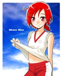 Rule 34 | 10s, 1girl, character name, cloud, collarbone, eyelashes, gym shorts, hair ornament, hairclip, highres, hino akane (smile precure!), midriff, navel, ponytail, precure, ramune02, red eyes, red hair, shorts, sleeves rolled up, smile, smile precure!, solo, sportswear, sweat, volleyball uniform