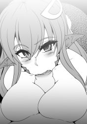 Rule 34 | 1boy, 1girl, blush, breasts, commentary, elakan, erection, fellatio, greyscale, hair between eyes, hair ornament, hairclip, handsfree paizuri, heart, heart-shaped pupils, hetero, highres, lamia, large breasts, long hair, looking at viewer, lying on person, miia (monster musume), monochrome, monster, monster girl, monster musume no iru nichijou, no bra, no nipples, oral, paizuri, penis, pointy ears, pov, reptile, scales, slit pupils, snake, snake tail, solo focus, symbol-shaped pupils, tail