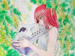 Rule 34 | 1girl, animal skull, bad id, bad twitter id, bare shoulders, breasts, commentary request, day, dress, elias ainsworth, food, fruit, gorouziro, grapes, green eyes, hatori chise, highres, holding, holding skull, mahou tsukai no yome, outdoors, painting (medium), profile, red hair, short hair, sidelocks, skull, smile, solo, traditional media, upper body, watercolor (medium), white dress