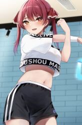 Rule 34 | 1girl, :d, absurdres, black shorts, breasts, character name, crop top, crop top overhang, crossed arms, heterochromia, highres, hololive, hololive dance practice uniform, houshou marine, indoors, large breasts, midriff, navel, open mouth, outstretched arm, red eyes, red hair, shorts, smile, solo, stomach, stretching, twintails, virtual youtuber, yellow eyes, yoshinon (yoshinon kotori)