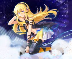 Rule 34 | 1girl, apring, bad id, bad pixiv id, black footwear, black thighhighs, blonde hair, blue eyes, boots, hair between eyes, headphones, lily (vocaloid), long hair, looking at viewer, microphone stand, midriff, navel, skirt, smile, solo, thigh boots, thighhighs, vocaloid