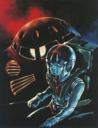 Rule 34 | 1970s (style), 1980s (style), 1boy, amuro ray, cockpit, concept art, control stick, earth federation space forces, gloves, gundam, helmet, looking at viewer, looking up, mecha, mobile suit, mobile suit gundam, official art, oldschool, one-eyed, painting (medium), pilot chair, pilot suit, production art, promotional art, retro artstyle, robot, rx-78-2, scan, science fiction, signature, sitting, spacesuit, traditional media, upper body, yasuhiko yoshikazu, z&#039;gok char custom