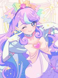 1girl akoiro blue_eyes blue_hair dress earrings elbow_gloves fingers_to_cheeks flat_chest gloves hands_up highres jewelry looking_at_viewer multicolored_hair nico-sama one_eye_closed pearl_choker pearl_earrings precure purple_dress purple_hair solo standing star_(symbol) two-tone_hair unicorn_girl upper_body white_background white_gloves wonderful_precure!