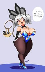 Rule 34 | 1girl, absurdres, animal, animal ear fluff, animal ears, artist name, ass, bare shoulders, basket, blue floor, breasts, bunny girl, circle shadow, english text, grey background, grey eyes, high heels, highres, huge ass, huge breasts, leggings, mice, mouse ears, mouse girl, mouse tail, navel, nazrin, nazrin (touhou), necktie, open mouth, rabbit ears, rabbit tail, red eyes, speech bubble, stiletto heels, tail, teeth, touhou, twintails, zedrin