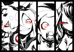 Rule 34 | 10s, 4girls, abyssal ship, airfield princess, anchorage oni, armored aircraft carrier princess, battleship princess, border, breasts, cleavage, column lineup, crazy eyes, crazy smile, glowing, glowing eye, hair ornament, hair over one eye, horns, kantai collection, long hair, looking at viewer, monochrome, multiple girls, open mouth, red eyes, sailor collar, screaming, smile, spot color, squemezzo, teeth, upper body, wide-eyed