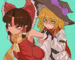 Rule 34 | 2girls, benikurage (cookie), black gloves, black headwear, blonde hair, blue background, bow, braid, brown eyes, brown hair, closed mouth, commentary, cookie (touhou), cowboy shot, detached sleeves, frilled bow, frilled hair tubes, frills, gloves, green eyes, hair between eyes, hair bow, hair tubes, hakurei reimu, hat, hat bow, highres, kirisame marisa, long hair, looking afar, mars (cookie), medium hair, mittens, multiple girls, open mouth, orange scarf, parted bangs, partially fingerless gloves, purple bow, red bow, red mittens, red scarf, red shirt, red skirt, scarf, shirt, side braid, simple background, single braid, skirt, sleeveless, sleeveless shirt, striped clothes, striped scarf, touhou, white shirt, white sleeves, witch hat, yellow scarf, yma